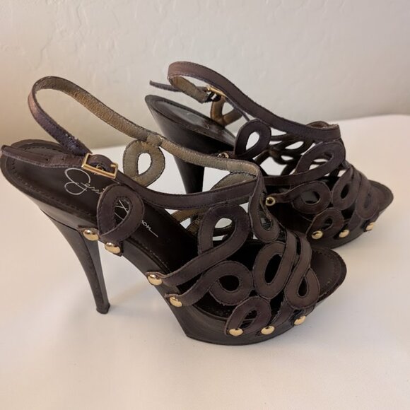 Jessica Simpson Brown Leather & Wooden Cutout Heels Sz 7 - Picture 2 of 6